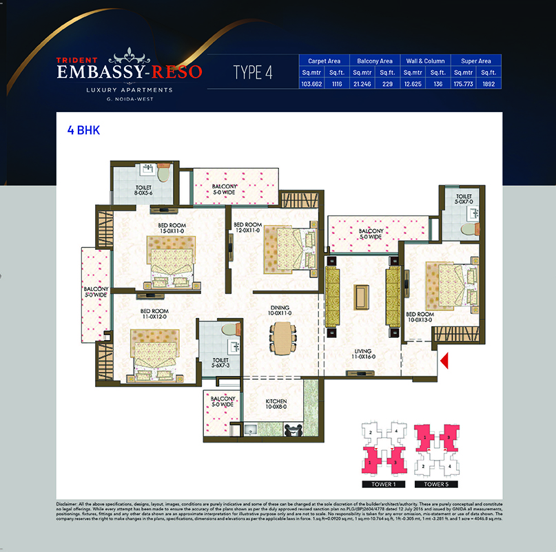 Trident Embassy 4 bhk floor plan